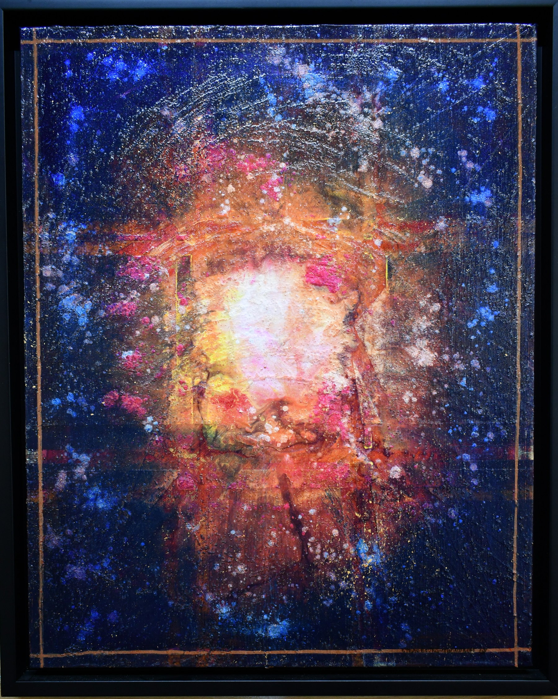 Framed mixed-media painting by HB Barry Strasbourg-Thompson: a luminous rose and amber form emerging from a dark, star-flecked blue field.